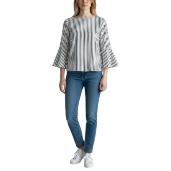 Gibson Black and White Striped Cotton blend Blouse with Bell Sleeves S - Picture 7 of 7